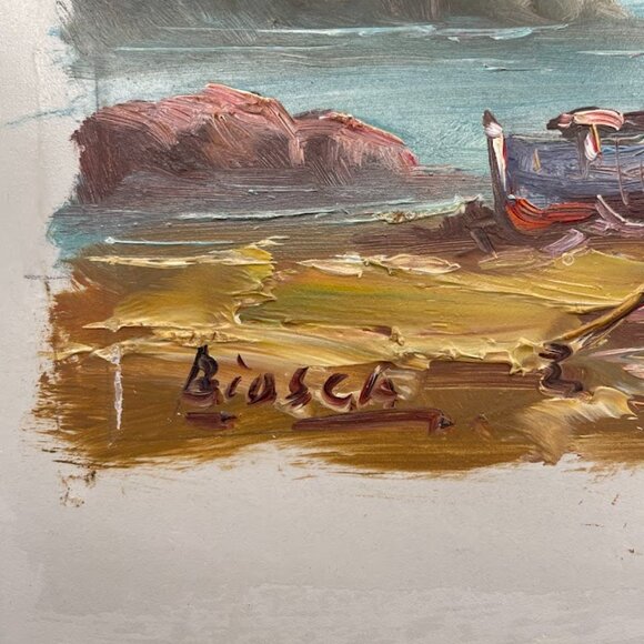 Small Oil Painting on Fiberboard Fishing Boats Sailboats Seashore Island Signed - Picture 5 of 7